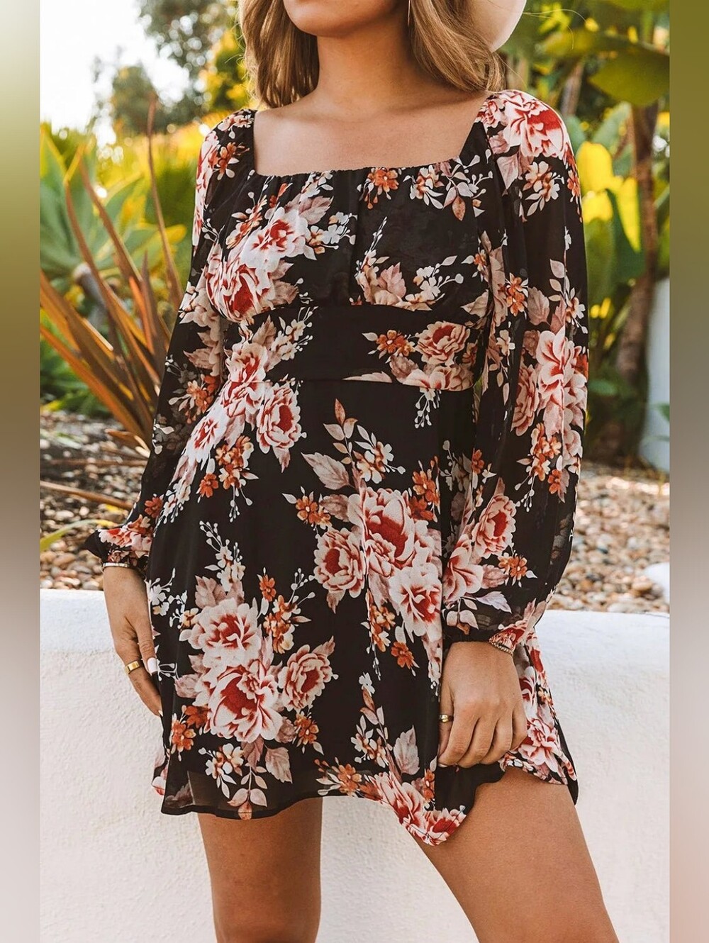Black Floral Long Sleeve Mini Dress With Tie Back - Picture 6 of 6